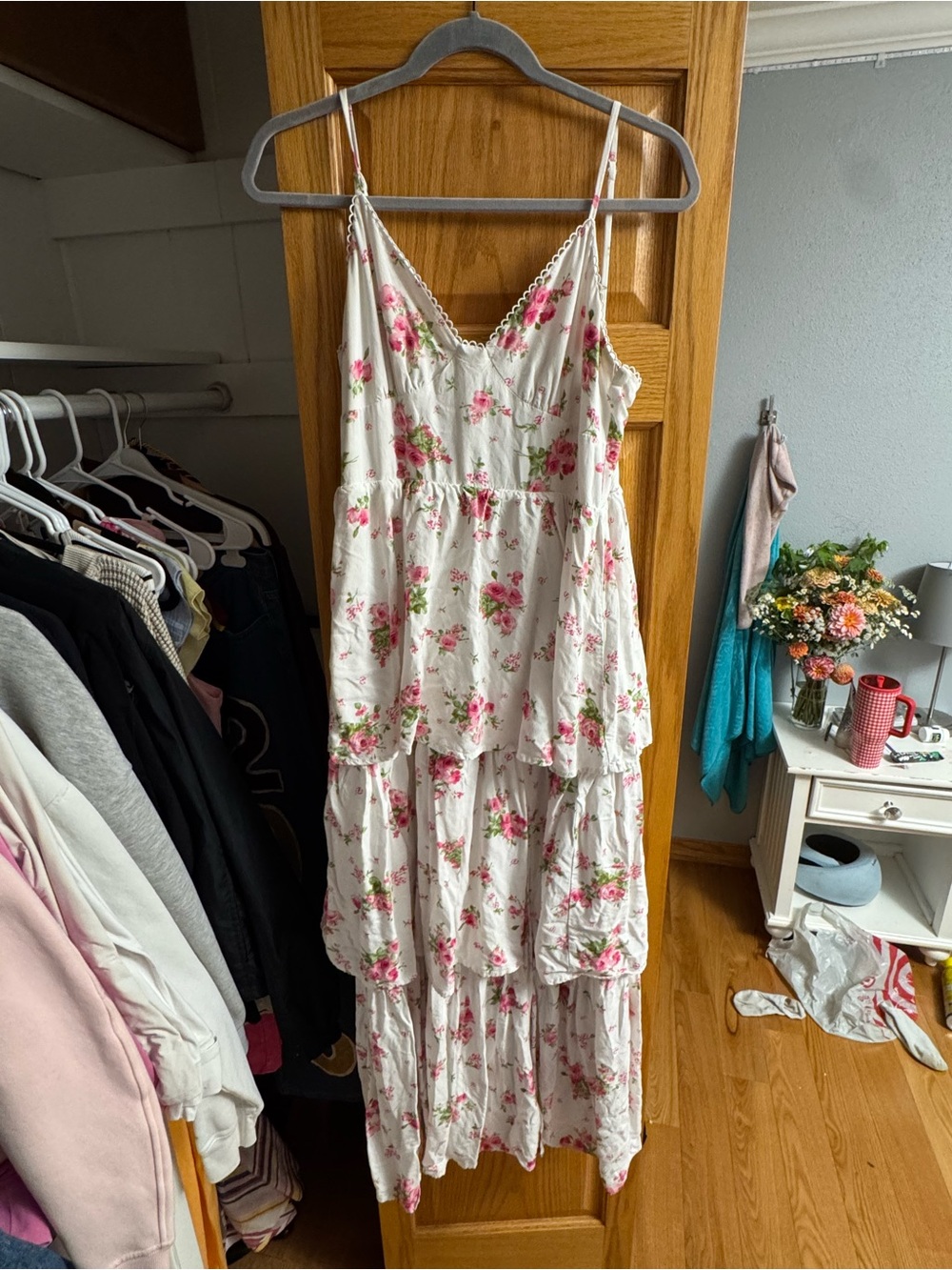 Altard State Floral Tiered Maxi Dress - White with Pink Roses